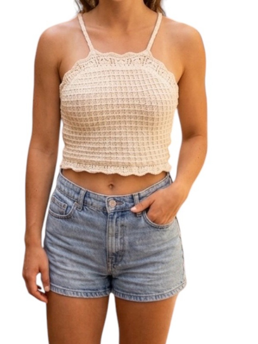 Zara Crochet Crop Top Halter Knit S Tan Beige Cream